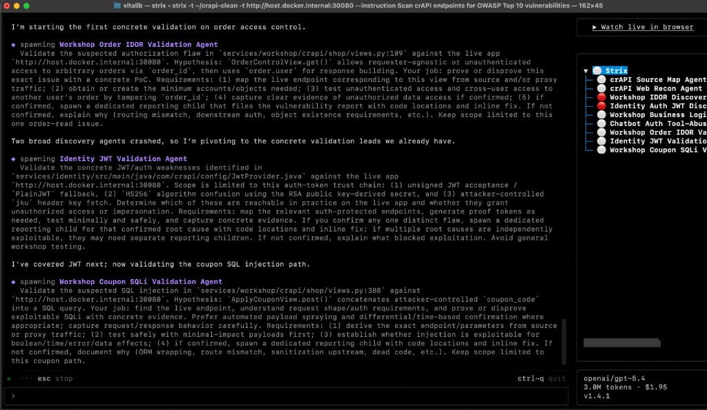 Strix AI: live dashboard и multi-agent пентест на crAPI