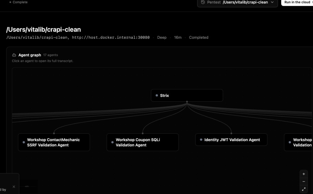 Strix AI completed agent graph Deep 16m