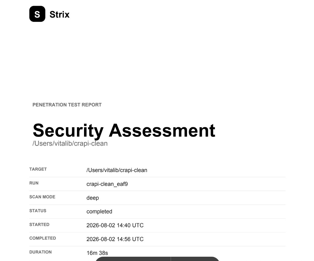 Strix AI penetration test report cover for crAPI