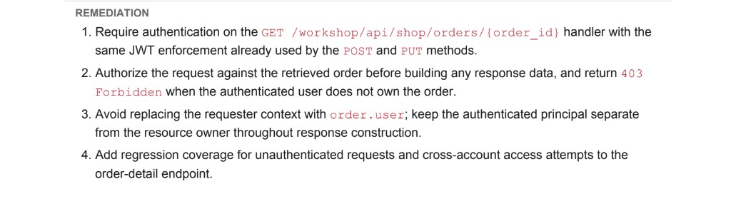 Strix AI report remediation for order endpoint